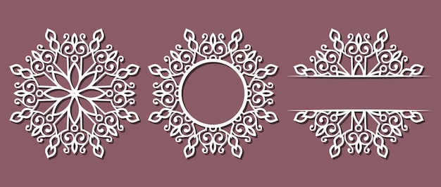 Set of laser cutting openwork snowflakes. Lace festive ornament template.