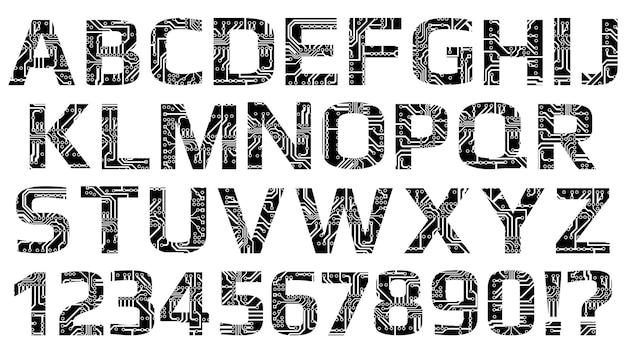 Set of latin digital alphabet perforated with PCB circuit board tracks isolated on white Black capital letters silhouettes for modern digital world Design element