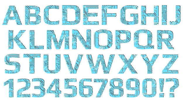 Set of latin digital alphabet perforated with PCB circuit board tracks isolated on white Colored capital letters for modern digital world Design element