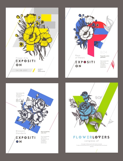 Set of Layout posters Templates. Modern Clean Design With Colorful Floral Composition. Vector Illustration.