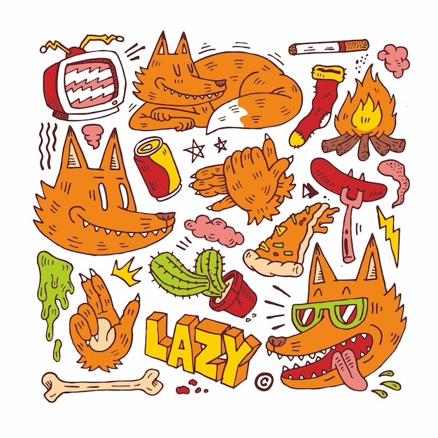 A Set of Lazy Fox Doodle Clip art 