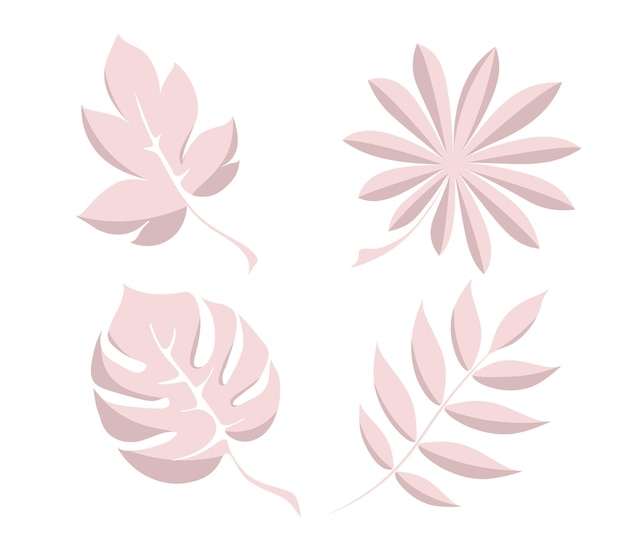 Set of leaves of pink color. Elements for the decor of postcards. Flat style, leaves with shadow.