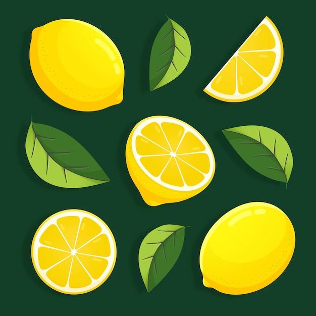 Set lemons and leaves on a green background