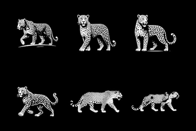 set of leopard full body vector art silhouette icon logo doddle design black and white