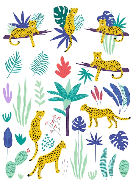 Set of leopards and tropical leaves.