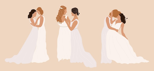 Set of lesbian and gay newlywed couples vector flat illustration. Collection of cute lgbt wedding