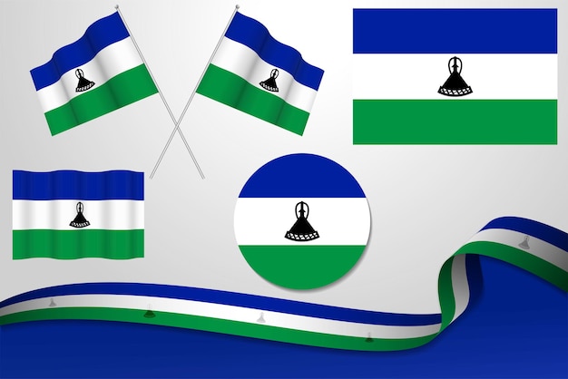 Set Of Lesotho Flags In Different Designs Icon Flaying Flags With ribbon With Background