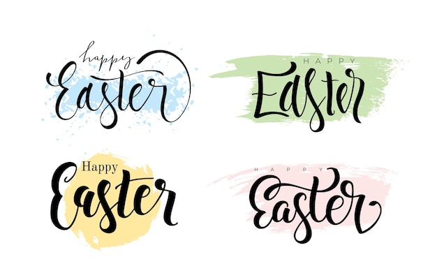 Set of lettering Happy Easter with brush stroke background Template for banner flyer gift card Handwritten modern calligraphy Vector illustration Isolated on white background