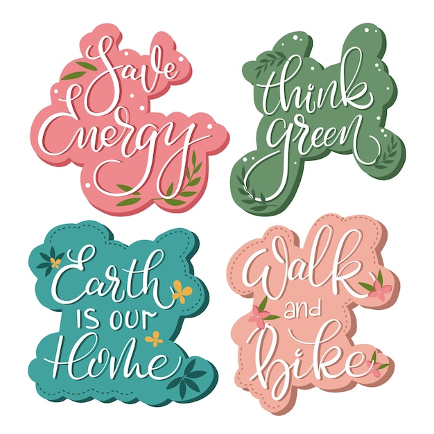 Set of lettering stickers about nature and sustainability with botanical elements