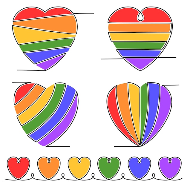 Set of LGBT hearts Continuous line drawings Love concept Vector illustration