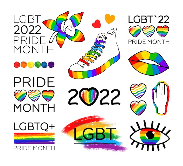 Set of LGBT Pride Month 2022 LGBT flag brush stroke logos symbols and stickers