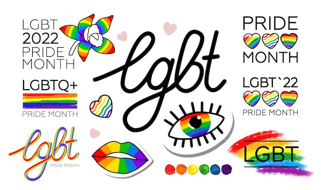 Set of LGBT Pride Month 2022 logos icons stickers and inscriptions with symbols of the LGBTQ