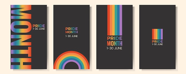 Vector set lgbtq pride month vertical banner card poster template with rainbow flag gay parade celebration