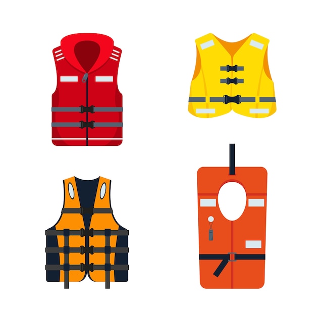 Set of life jackets isolated on white background.