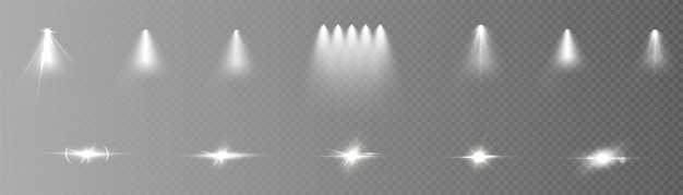 A set of light effects with a white glow spotlight on a transparent background Vector