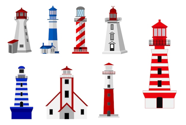 set of lighthouse tower isolated or colorful searchlight for maritime navigation or light beam