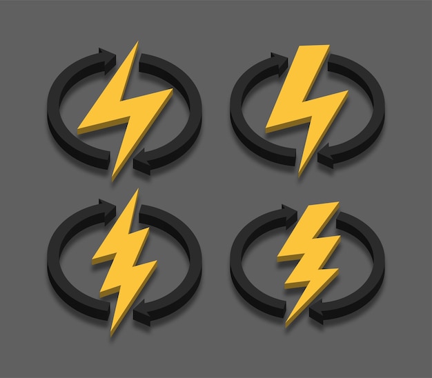 set of lightning shapes with arrow circle, energy power sign, 3d illustration vector