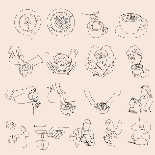 Set of line art of barista pouring milk to coffee Line Continue drawing of staff coffee vector illustration Minimalist