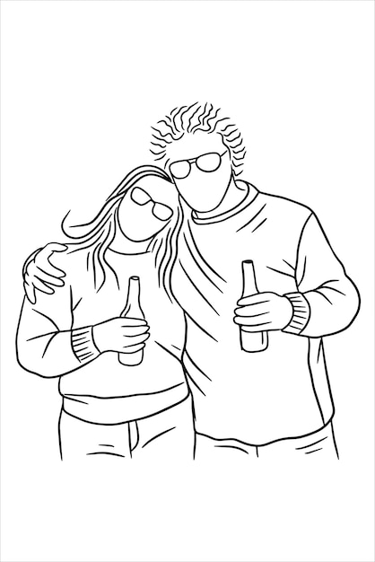 Set Line Art Couple Woman and Men Happy Relationship illustration