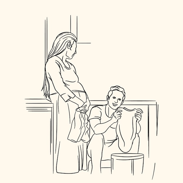 Set Line Art Happy Family Mother Children and Husband Maternity