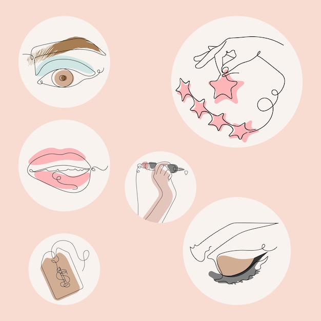 Set of Line art icons, tattoo and beauty concept. Drawings with one endless Line.