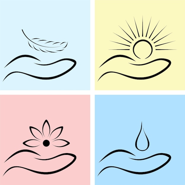 Set of line art icons with elements of nature on hand. Feather, sun, flower, water drop