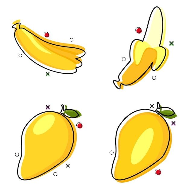 a set of line art slice of banana and mango fruit flat design. vector illustration