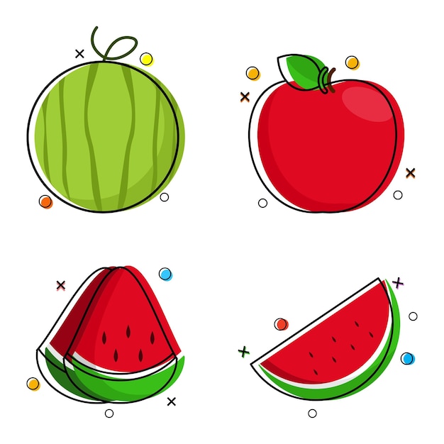 a set of line art slice of watermelon and apple fruit flat design. vector illustration