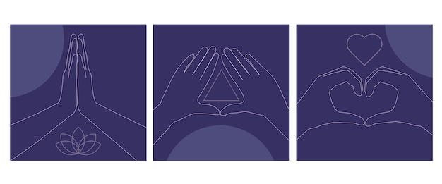 Vector set of line art with hands signs namaste hands heart love