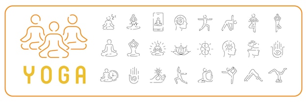 Set line icons of meditation and yoga Healthy lifestyle sport or gymnastics exercises stretching vector sign