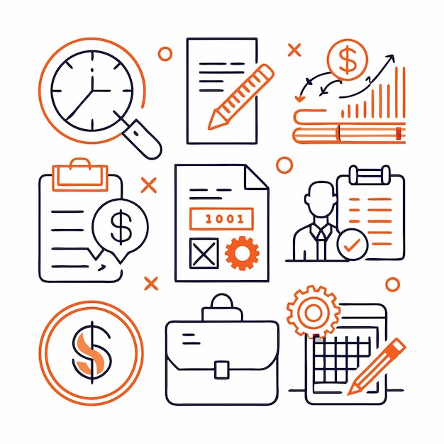 Set of line icons related to accounting Outline icon collection Business symbols Vector illustration