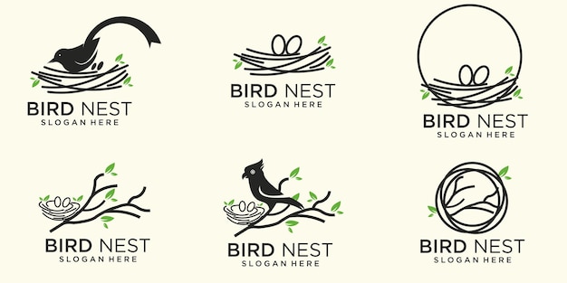 Set line illustration of natural bird39s nest icon logo with beautiful roots and leaves symbols