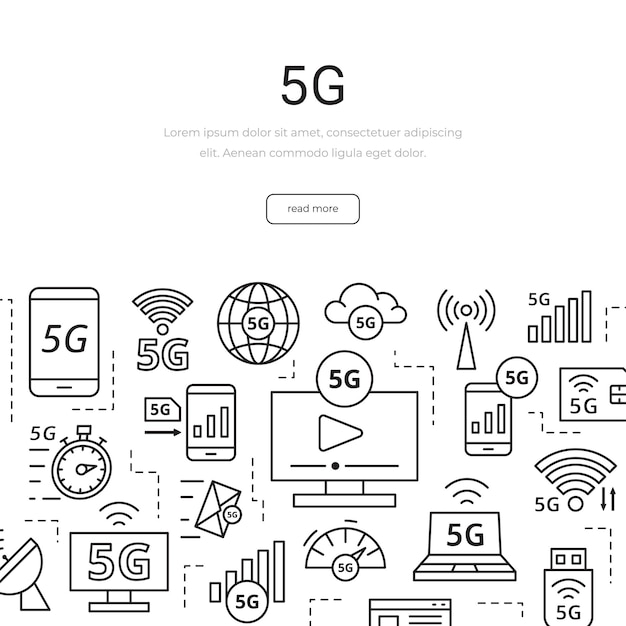 Set of linear 5G technology elements New mobile network high speed connection Minimalist vector infographic Illustration for banner