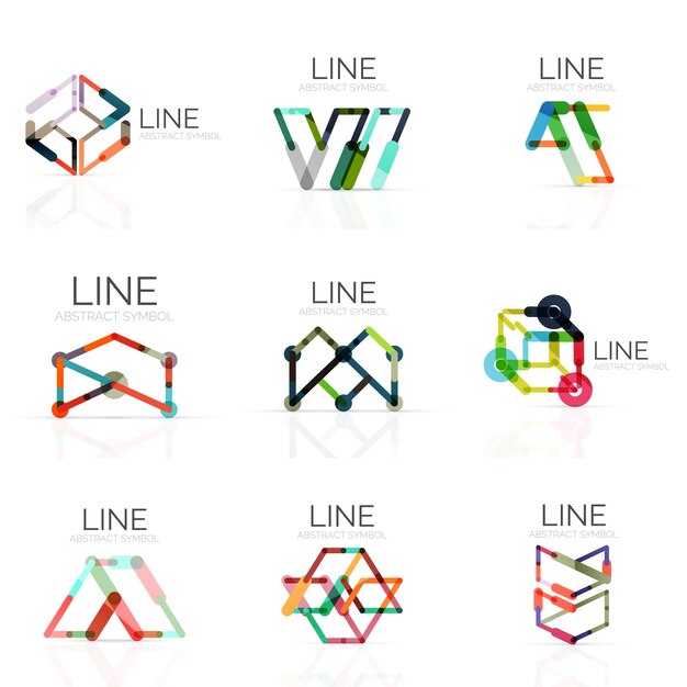 Set of linear abstract logos connected multicolored segments lines in geometrical figures