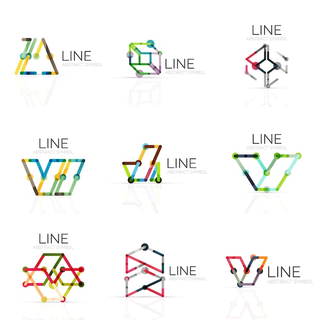 Set of linear abstract logos connected multicolored segments lines in geometrical figures