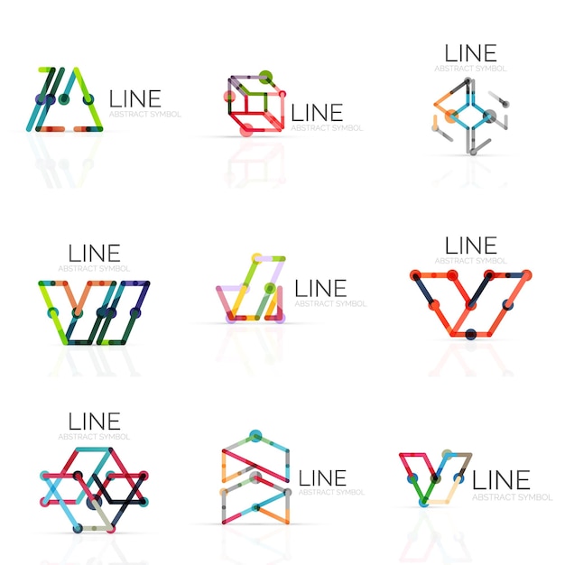 Set of linear abstract logos connected multicolored segments lines in geometrical figures