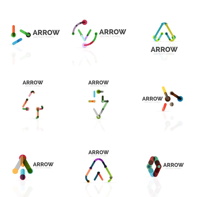 Set of linear arrow abstract logos connected multicolored segments lines