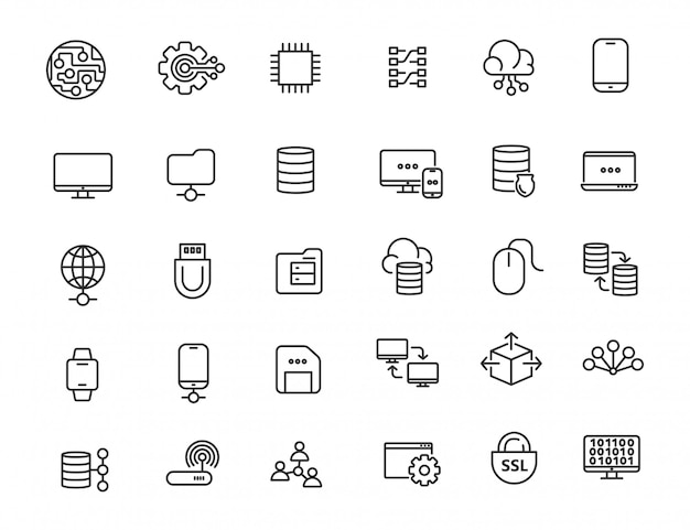 Set of linear computer technology icons