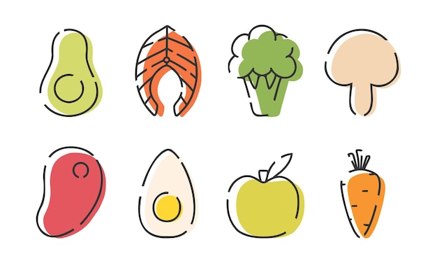 Set of linear icons of healthy food Modern icons of proper nutrition Vector illustration Collection of linear avocado salmon steak apple egg carrot