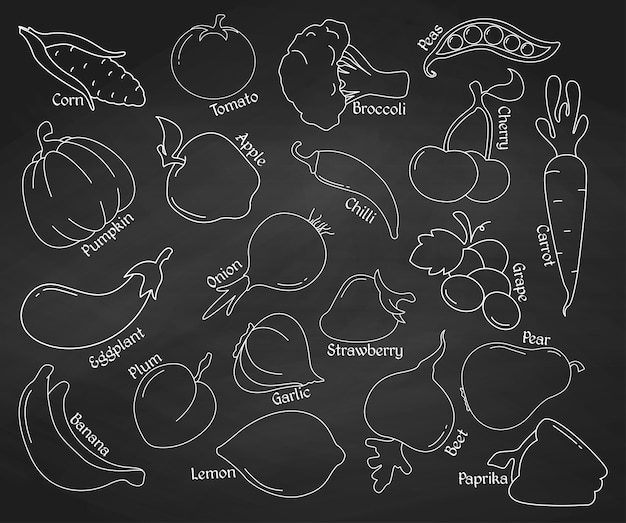 Set of linear icons. Vegetables and fruits on the chalkboard. Vector illustration.