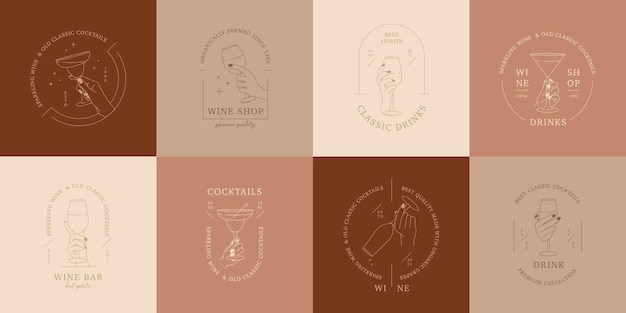 Set of linear logos or emblem template for alcohol store wine bar drink shop cocktail cafe Hands in different gestures hold glasses of drink Vector Illustrations isolated on colorful squares