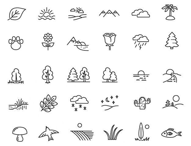 Set of linear nature icons. 