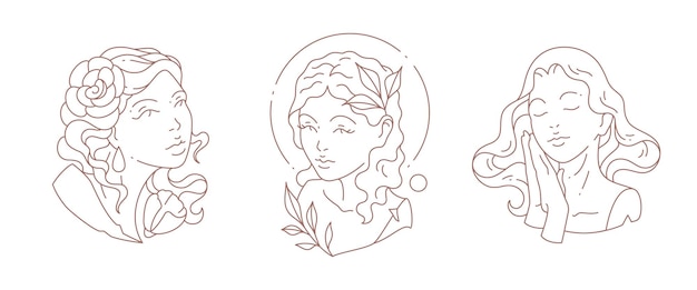 Set linear simple logo antique woman goddess bust with circle frame and flowers vector illustration