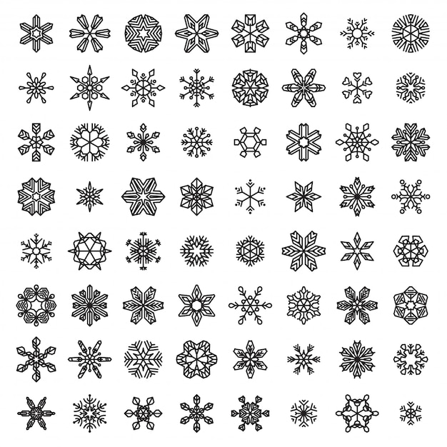 Set of Linear Snowflakes. Black outlined snowflakes isolated on white background.