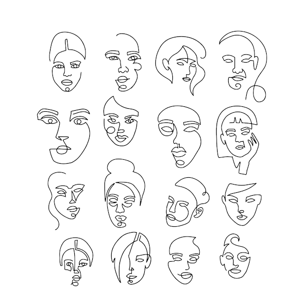 Vector set linear woman portraits. continuous linear silhouette of female face. outline art hand drawn