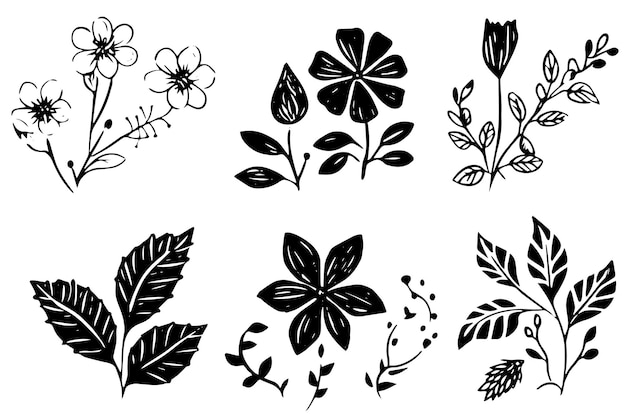 Vector set of lino cut grunge flower ink stamp pack of contemprorary texture elements vector illustration