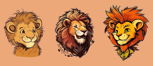 A set of lion heads on a pink background