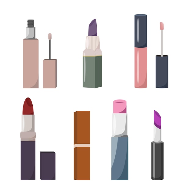 Set of lip cosmetic products Lipstick and lip gloss vector illustration isolated on white