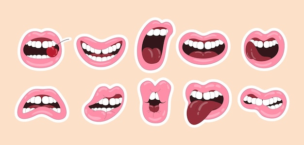 A set of lips stickers with cherries smiling angry expressing different emotions Vector illustration