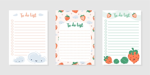 Set of to do list with cute strawberries leaves and clouds